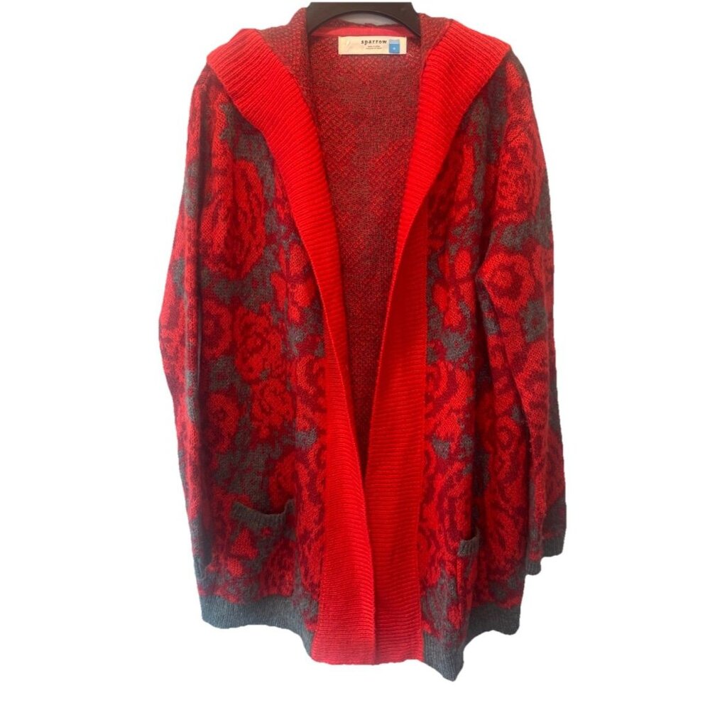 Anthropologie Sparrow‎ Maraschino Red Gray Floral Hooded Cardigan Sweater S